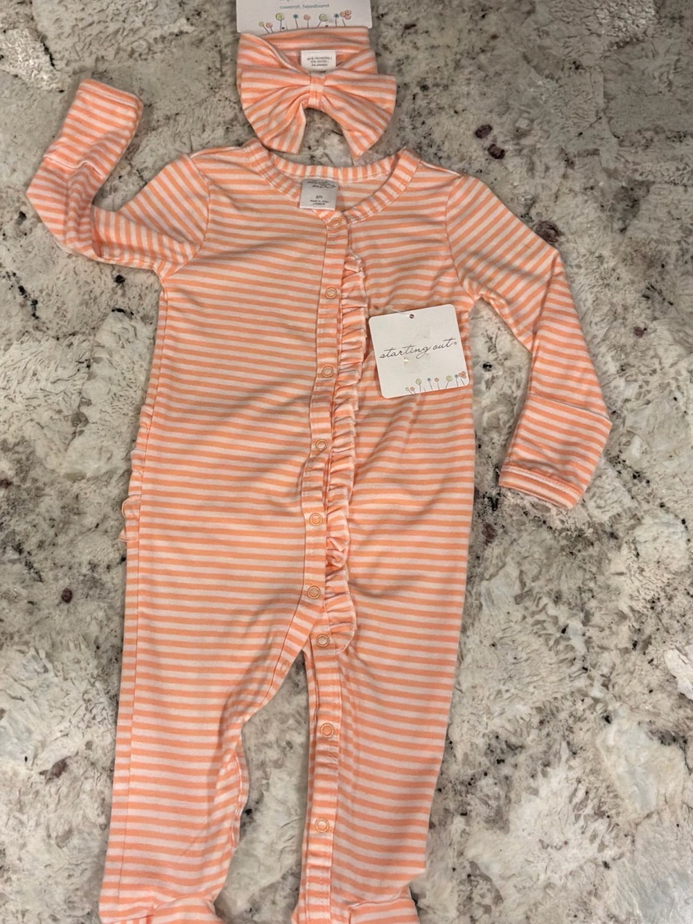 Starting Out Peach and White Striped Baby Sleeper with Bow Headband